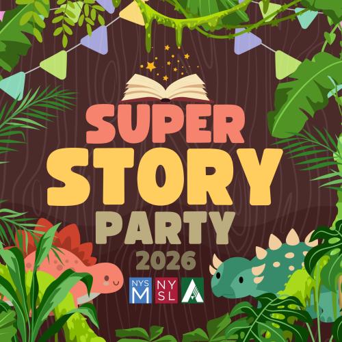 Super Story Party text under graphic of an open story book surrounded by jungle greenery, party flags, and cartoon stegosaurus and ankylosaurus