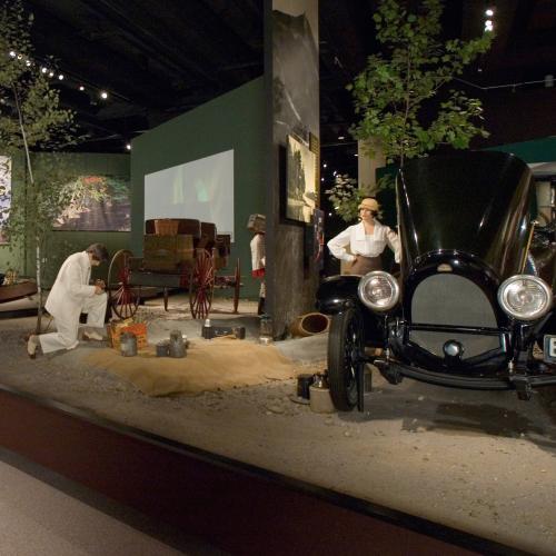 Gallery view of Adirondack Hall featuring mannequins in a camping situation
