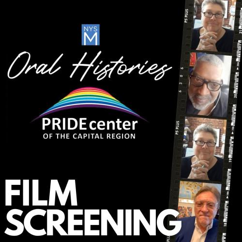 Oral Histories over Pride Center Rainbow Logo and a film strip with four individual photos of members of LGBTQ+ community in each frame