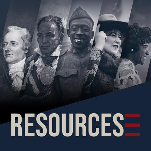 Resources title text under a collage of images featuring 5 important New Yorkers through hisotry