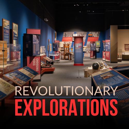 Revolutionary Explorations title text over photograph of Revolutionary New York exhibition space