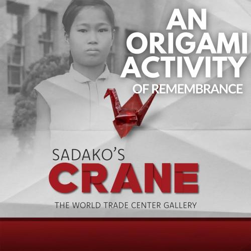 An origami activity of remembrance title text over black and white photo of a young girl and a red image of an origami crane