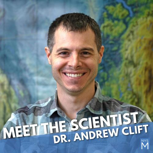 Meet the Scientist: Dr. Andrew Clift title text over photo portrait of a man standing in front of a geologic map