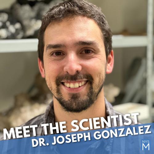 Meet the Scientist: Dr. Joseph Gonzalez title text over portrait photo of a man standing in front of a book shelf with geological objects