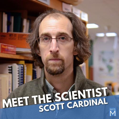 Meet the Scientist: Scott Cardinal title text over portrait photo of a man standing in front of a book case