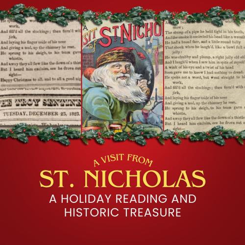 newspaper clips from the Troy Sentinel and an image of the first book cover for Twas the Night Before Christmas