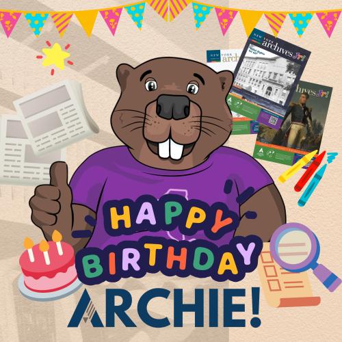 Happy Birthday title graphic with Cartoon Archie the Beaver and celebratory images
