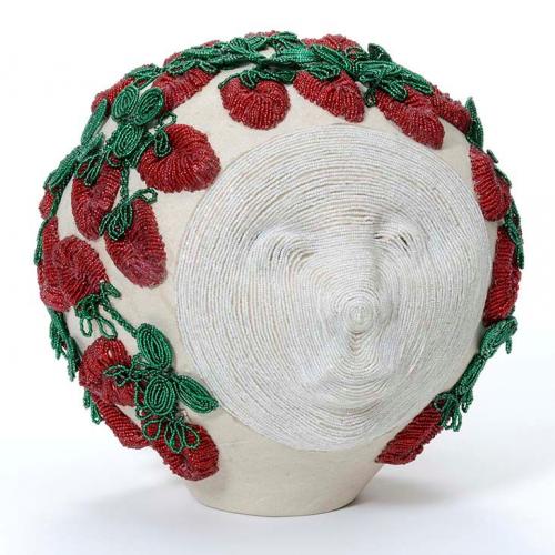E2014.24  "Strawberry Moon" by Tammy Tarbell-Boehning (Mohawk)   Raised glass beadwork on clay