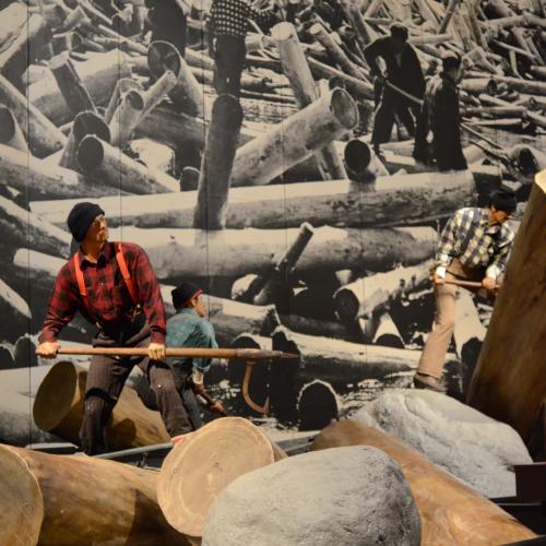 exhibition view of historical loggers in the Adirondacks