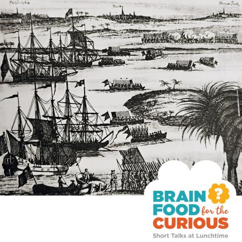 Brainfood title text and black/white illustration of Revolutionary War ships