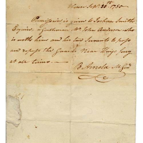 A pass found on Major André with the alias “Mr. John Anderson,” signed by Benedict Arnold.
