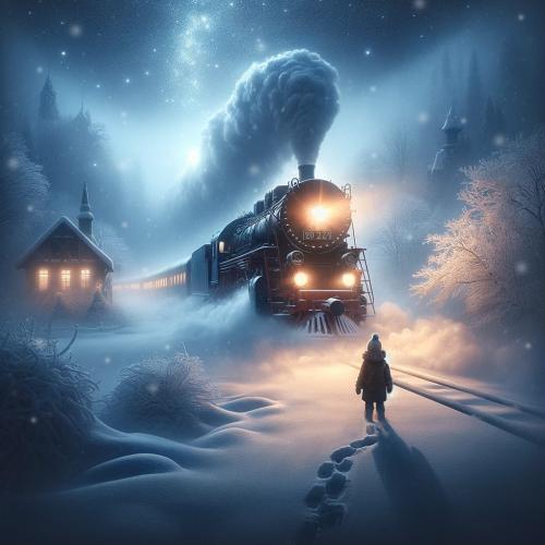 small child looking up at a steam engine in the snow