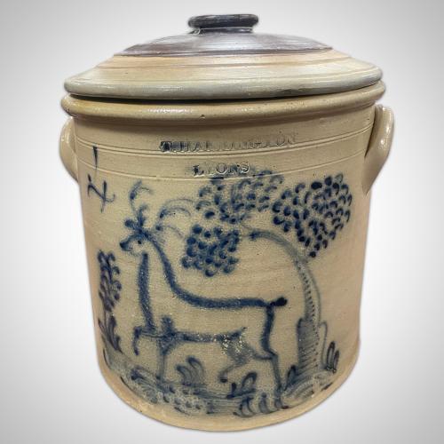 Four gallon crock with cover, T. Harrington, Lyons, NY; decorated with a prancing stag in a wooded landscape, ca. 1860.