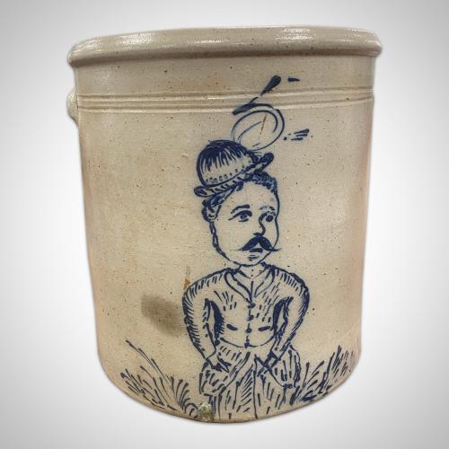 Five gallon crock, decorated with a figure of a man with a bowler hat, ca. 1880.