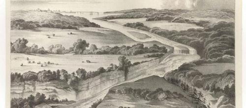 Birdseye view of Niagara Falls Birdseye view of Niagara Falls and the surrounding country. From James Hall, 1843, The Geology of New York, Part 4, Comprising the Geology of the Fourth District. New York State Geological Survey.