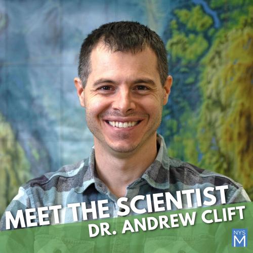 photo portrait of a man in front of a topographic map, title text "Meet the Scientist"