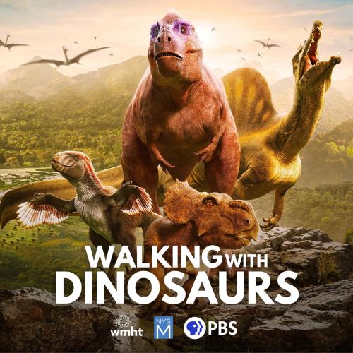 Walking with Dinosaurs text over an artistic image of four dinosaurs in an ancient setting with Pterosaurs flying in the background