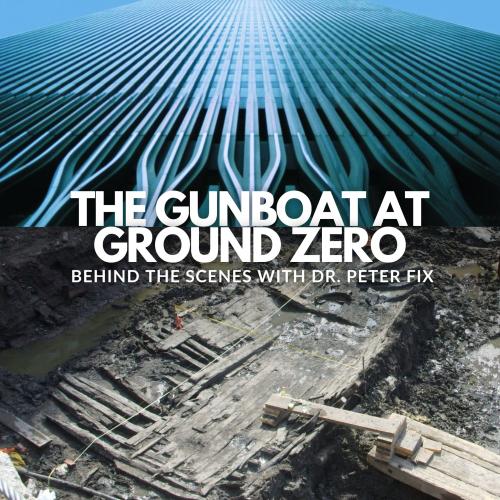 Image of the facade of the former World Trade Center and the wreck of a old revolutionary war boat