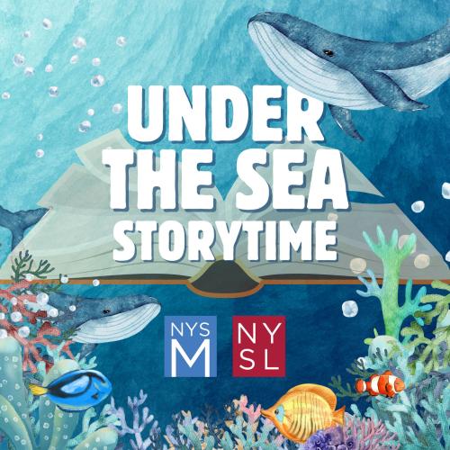 Underwater scene with a whale and coral reef along with the words Under the Sea Storytime
