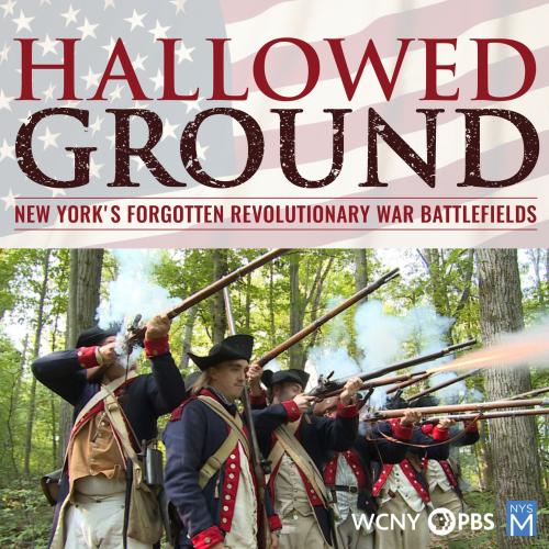 Title text over a faded American Flag and a photo of colonial soldiers firing weapons