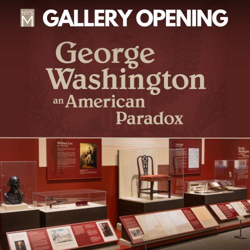 Gallery Opening title text over a photograph of the gallery and related items on exhibit