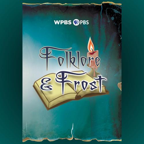 Folkore and Frost fancy typeface over an open book and a candle