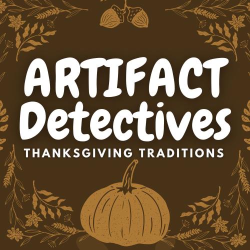 title text framed by vintage thanksgiving images of leaves, acorns, and a pumpkin