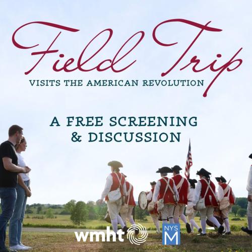 Title text over photograph of Revolutionary War reenactors marching in a field with contemporary onlookers in the foreground