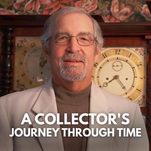 Title text over photo of an elderly man standing in front of two clocks