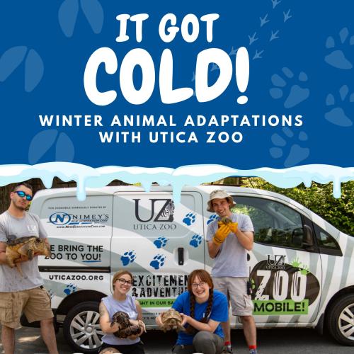 title text over photo of Utica Zookeepers holding a variety of animals in front of the mobile zoo van