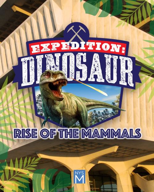 Expedition Dinosaur Logo Badge featuring a T.rex over a close up of the Cultural Education Center surrounded by jungle leaves