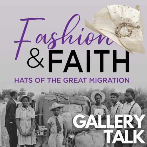 Fashion & Faith title text over black and white mid-20th century photo of six members of an African American family surrounding a vehicle packed with their belongings 