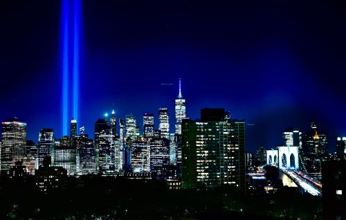 Tribute in Light is a commemorative installation illuminated annually on the evening of September 11.  ﻿Image courtesy of David Handschuh.