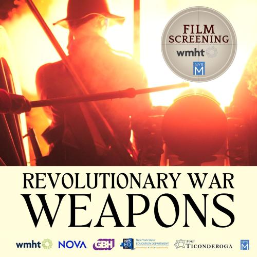 Revolutionary War Weapons graphic over an image of silhouetted figure litghitng a cannon