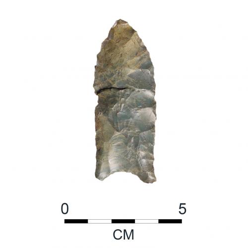 Paleoindian fluted point (A44042.4/13), West Athens Hill site, Greene County, circa 12,800 years before present.