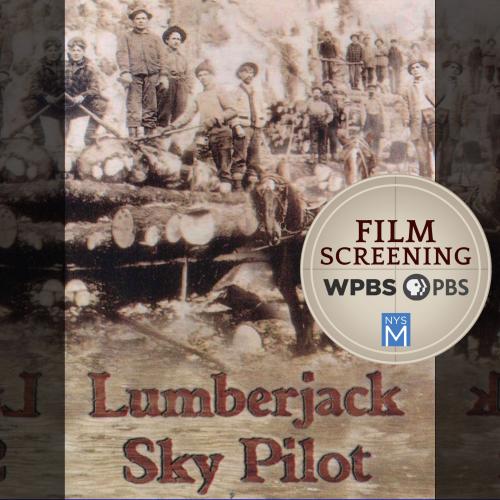 title graphic over vintage photograph of lumberjacks, bundles of logs, and cart horses