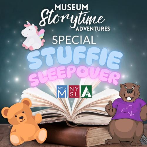 Museum Storytime Adventures Stuffie Sleepover graphic with magical book and stuffed animals