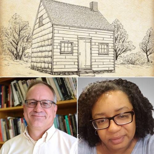 drawing of rustic farmhouse, portraits of Michael Lucas and Christine Hutchinson