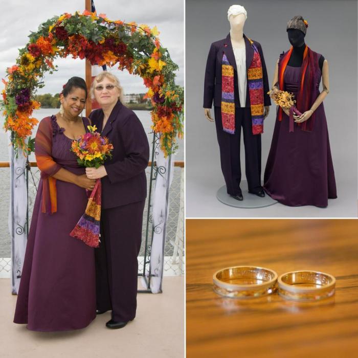 Collage of 3 photos: two women holding a flower bouquet beneath an arc of flowers; two mannequins donning the same women's outfits; two wedding bands