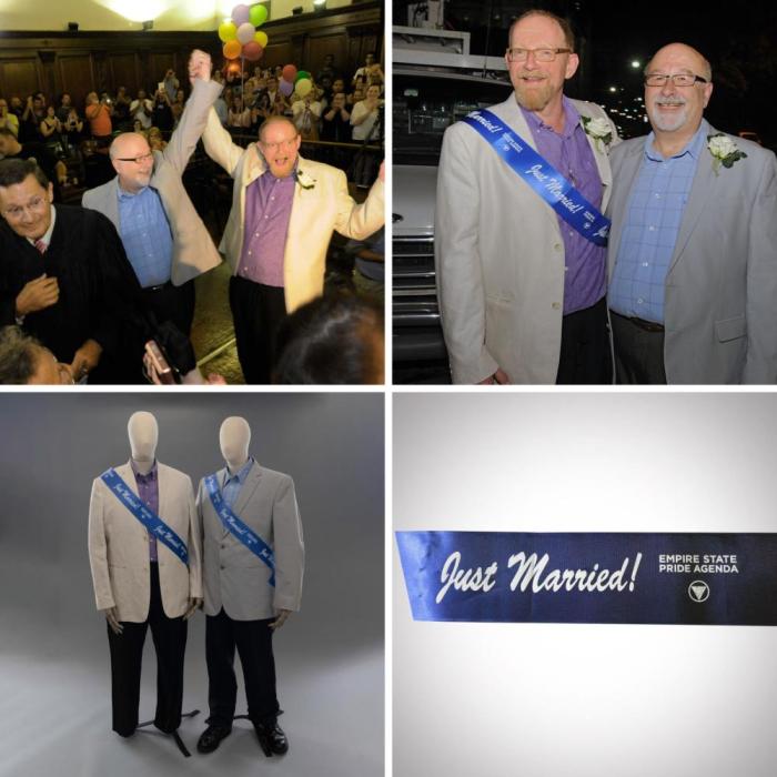 4 photographs: two men holding hands at a reception, two men standing next to each other, two mannequins displaying the suits of the men, a blue "just married" sash