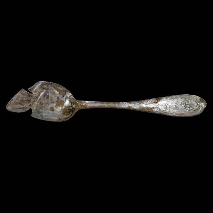 Silver spoon from the Powell Farmstead with Hannah Elizabeth Powell’s (nee Kilbourne) initials.