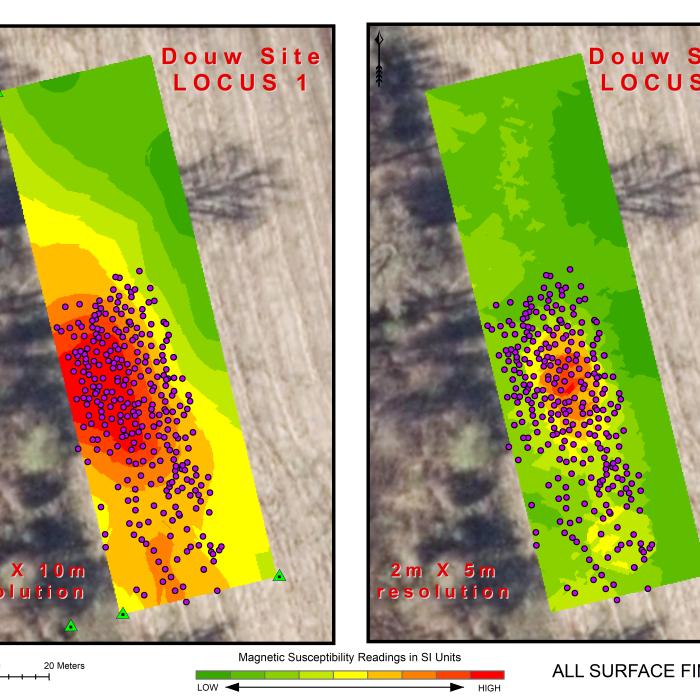 Magnetic susceptibility results overlaid with surface artifact locations show a strong correlation between finds and MS "hot spots"