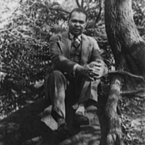 man wearing a suit and sitting on a tree root in the woods