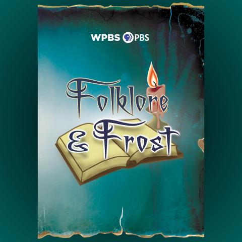 Folkore and Frost fancy typeface over an open book and a candle