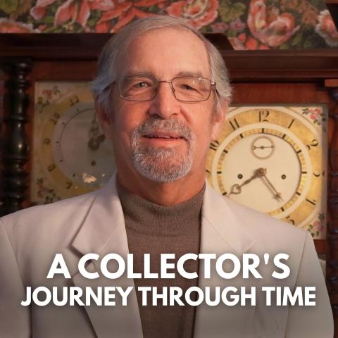 Title text over photo of an elderly man standing in front of two clocks