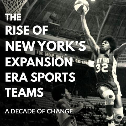 Title text over vintage photo of a basketball player jumping over a defender to make a shot