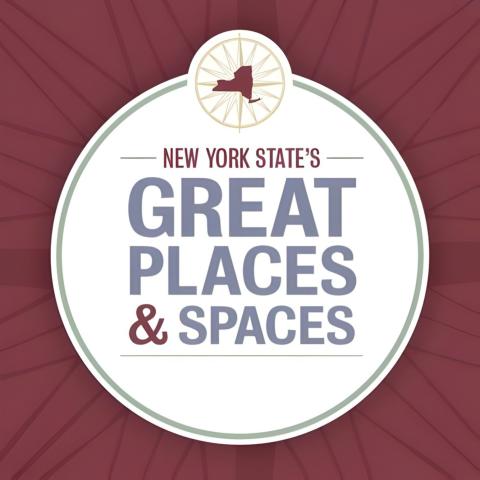 Title graphic: New York's Great Places & Spaces in a circular logo against a maroon background