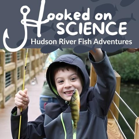 Hooked on Science title text over photo of young boy holding up a small fish he just caught