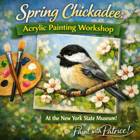 Drawing of a chickadee next to a paint pallet over a floral background 