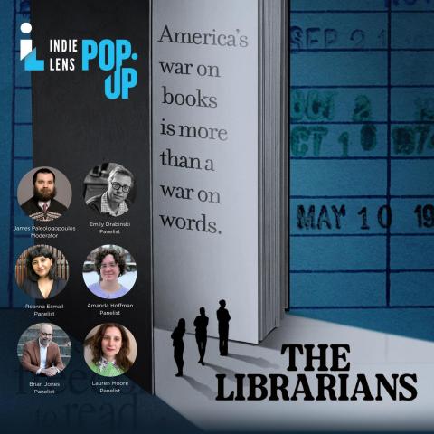 The Librarians title text over background of tall open book and photos of the six presenters